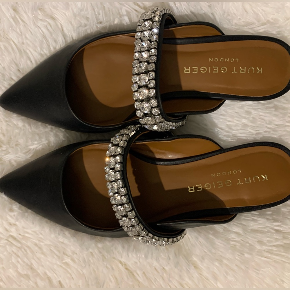 Kurt Geiger The Princely flat leather mule black with silver jewels Size7.5